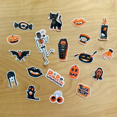 Halloween Sticker – Schwarze & Orange Vinylaufkleber, Kürbis, Geist, Katze & Skelett