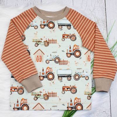 Trecker Langarmshirt aus Biojersey, Longsleeve, Raglanshirt, Bauernhof, Anhänger, Fahrzeuge, mint, karamell, beige