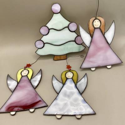 Tannenbaum & Engel aus Buntglas – Stained Glas Set, gebraucht, Unikat