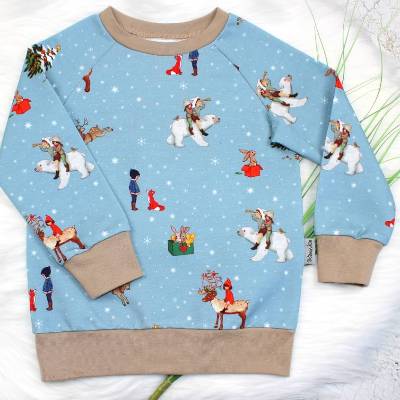 Pullover Belle und Boo, Weihnachtspullover, Mädchenpullover, Kindershirt, Sweatshirt, Waldtiere, hellblau, beige