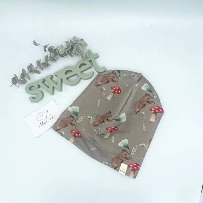 Beanie KU 47-50 cm einlagig beige Bär – handgemachte Kindermütze für Mädchen & Jungen