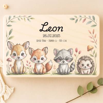 Erinnerungskiste  "Waldtiere"  personalisiert mit Namen und Geburtsdaten. Erinnerungsbox Geschenk zur Geburt