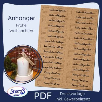 Weihnachts-Anhänger PDF – Druckvorlage „Frohe Weihnachten“ mit Weihnachtsgrüßen, zum Ausdrucken