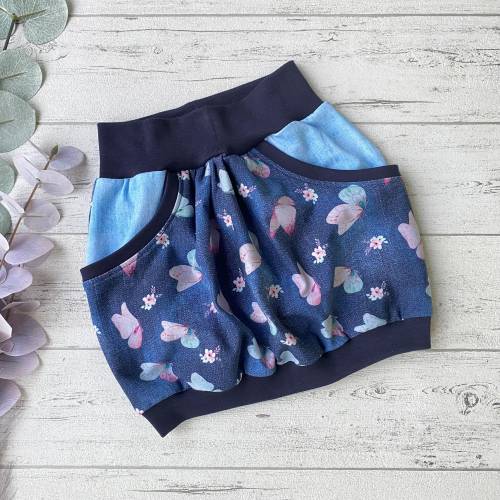 Ballonrock für Mädchen in Jeansoptik mit Schmetterlingen und Taschen – Wunschgröße, Jersey, Blau