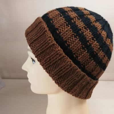 Handgestrickte Rippenmütze in Braun/Schwarz – Unisex Fischermütze & Beanie, Universalgröße