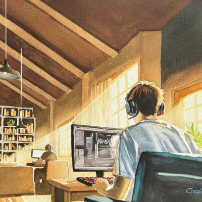 Original Aquarell "Game vs. Study" | 31 x 41 cm