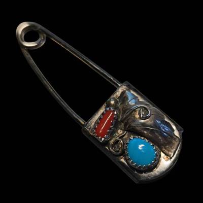 Exklusive Sicherheitsnadel fürs Western-Outfit mit Koralle und Türkisstein – 925 Sterling & Edelstahl