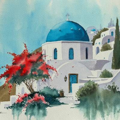 Original Aquarell "Stadt Santorini" | 41 x 31 cm