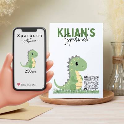 Digitales Sparbuch für Kinder – personalisierte Geschenkidee zur Geburt, Taufe, Einschulung, Kommunion | Dino