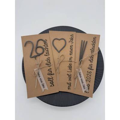 Handgemachte Silvester Karte mit beigelegten CE-geprüften Wunderkerzen ( Kategorie F1) Grußkarte zum Neujahr - Handmade