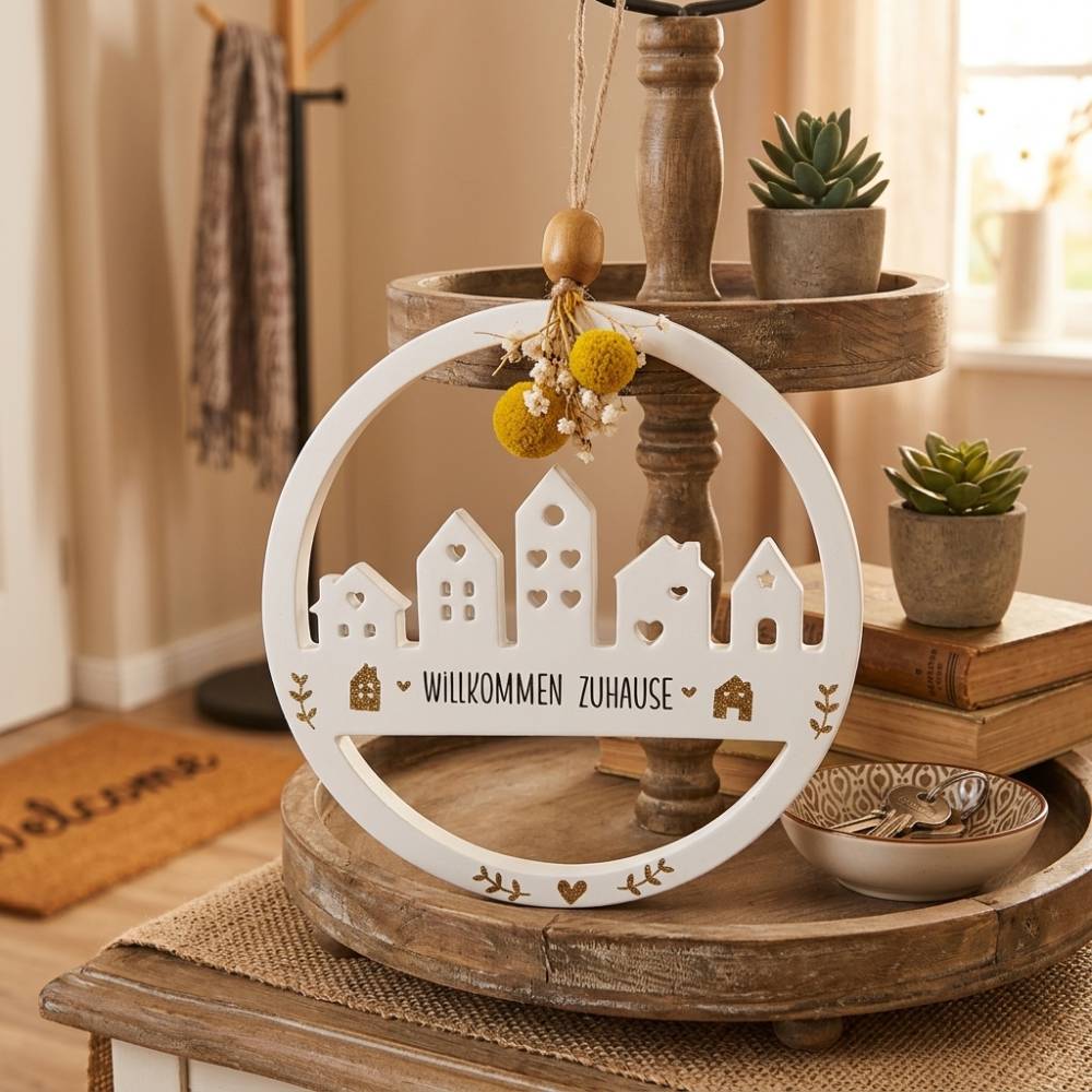 Türkranz Häuserkranz Loop – Handgemachter Fensterkranz mit Trockenblumen und Keramik, 18 cm