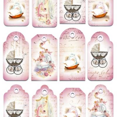 Bastelkarton, Ausschneidbogen, Anhänger, Geschenkanhänger, Frames, Geburt, Baby, Rosa, A4, TAG0013