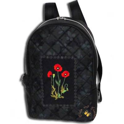 Bestickter personalisierter schwarzer Rucksack mit Stickerei Mohnblumen Löwenzahn oder Wunschmotiv veganes Kunstleder
