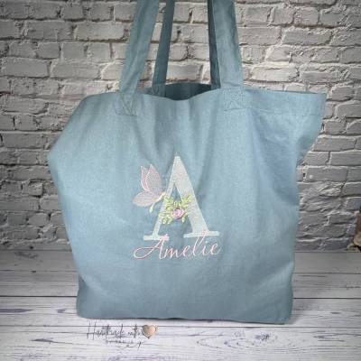 Großer Beutel mit Initial & Namen bestickt - Einkaufstasche personalisiert I Geschenkidee für Frauen 