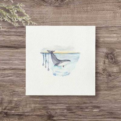 WAL maritimes Mini Aquarell, Wandbild Kunstdruck auf Büttenpapier, Geschenkidee Meerestiere Miniatur Bild minimalistisch