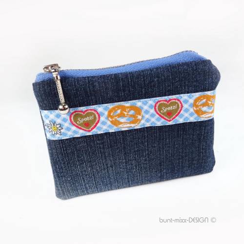 Täschchen Upcycling Jeans, Borte Trachtenstil Brezel Herz, Kartenetui Kleingeld Kopfhörer Kleinkram, bunt-mixx