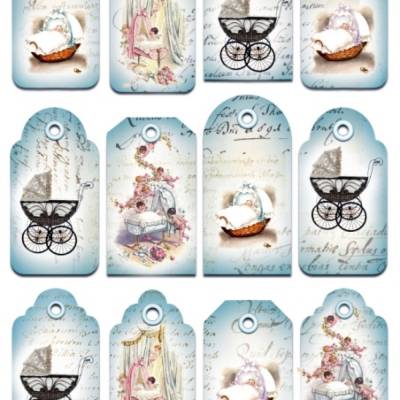 Bastelkarton, Ausschneidbogen, Anhänger, Geschenkanhänger, Frames, Geburt, Baby, Blau, A4, TAG0015
