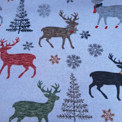 Baumwollstoff mit Hirsch,Schneeflocken,Tannen,Weihnachtsstoff, Breite 1,40 m, Meterware, natur, braun, rot, grau, grün