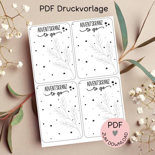 Karten "Adventskranz to go", Digitale Datei, PDF-Druckvorlage, zum ausdrucken u. ausschneiden, z.B. f. kleine Geschenke