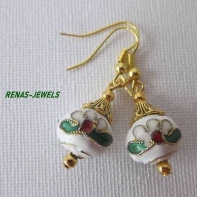 Cloisonne Perlen Ohrhänger mit 12 mm Blumen Perlen & goldfarbenen Perlkappen und Metallperlen – Elegante Ohrringe