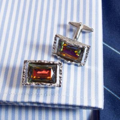 Vintage Manschettenknöpfe silberfarben Glas irisierend Retro 60er 70er Schmuck Geschenk