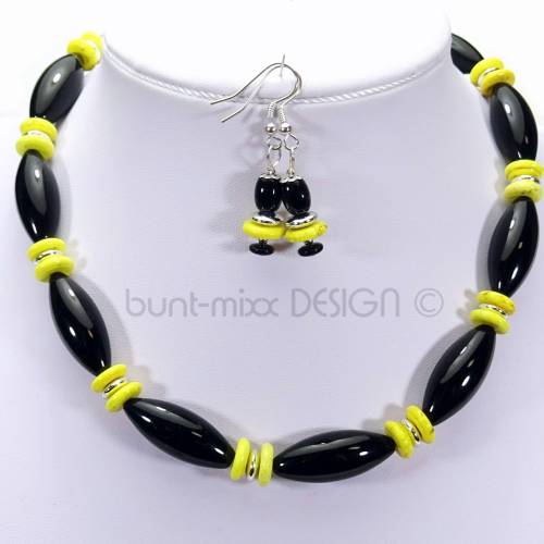 SET Kette + Ohrhänger schwarz-gelb, Glasperlen Oliven, Howlith, Unikat, made by BuntMixxDESIGN 