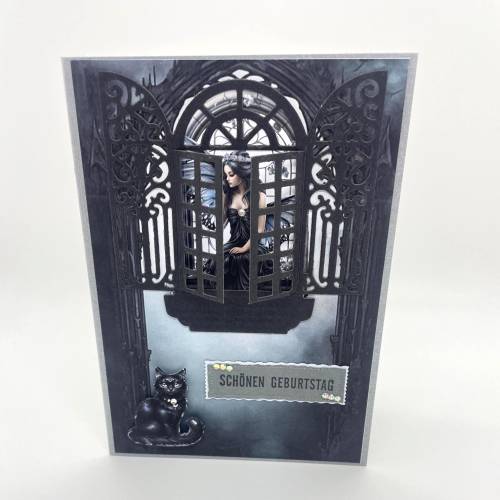 Gothic Geburtstagskarte Fee – Handgemachte Mystische Grußkarte mit Hexe & Katze