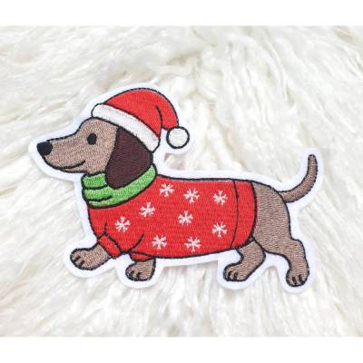 Weihnachtsdackel Aufnäher (3 Größen) zum Aufbügeln Festlicher Hund Patch Weihnachts Applikation für Kleidung 