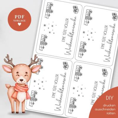 Druckvorlage „Eine Tüte voller Weihnachtswünsche“ – Tütenklappen Karten PDF A4 zum Ausdrucken