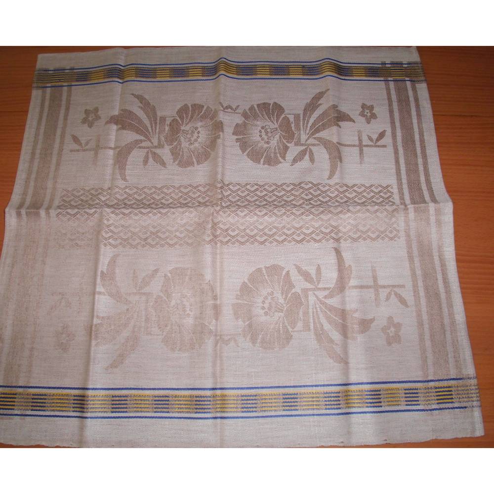 Leinentuch Geschirrtuch beige braun blau gelb Vintage aus den 1950er oder 1960er Jahren