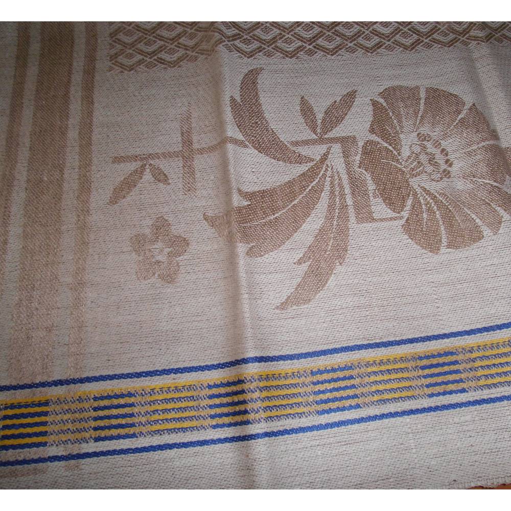 Leinentuch Geschirrtuch beige braun blau gelb Vintage aus den 1950er oder 1960er Jahren