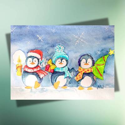 Weihnachtskarte Drei kleine Pinguine – Handillustrierte Aquarellkarte auf Kraftpapier