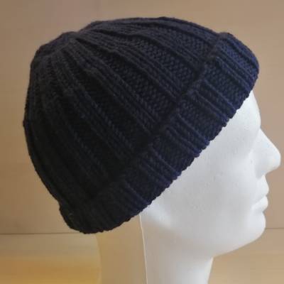 Handgestrickte Rippenmütze Marineblau – Unisex, dehnbar & pflegeleicht, Universalgröße