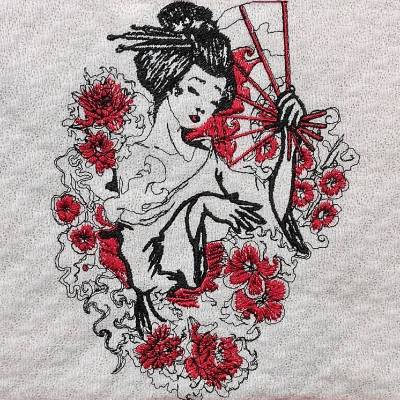 Geisha Stickdatei 12-14x18cm – Japanisches Stickmotiv für Stickmaschine