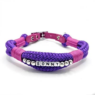 Halsband, Tauhalsband mit Namen des Hundes oder Wunschtext und Perlen verziert, Lederadapter, Halsumfang bis 44 cm