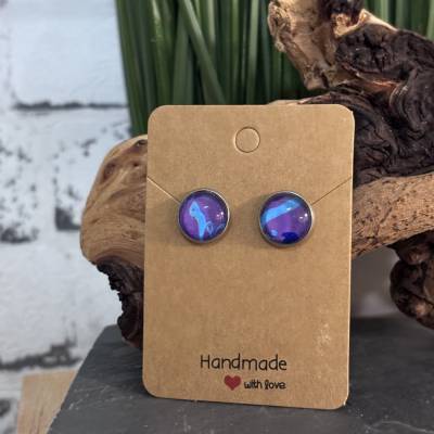 Ohrstecker Unikate mit buntem Glascabochon – Handgemacht, 12 mm, lila, hellblau, dunkelblau
