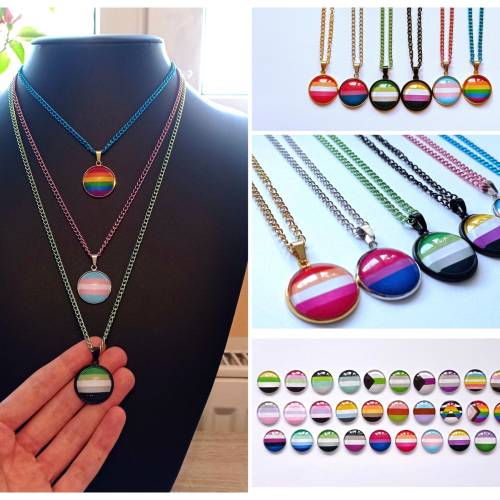 Pride Flaggen LGBTQ+ Edelstahl Halsketten 34 verschiedene Flaggen Schmuck Regenbogen Gold Rhodium Schwarz
