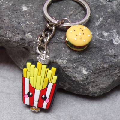 Kawaii 3D Pommesschale & Hamburger Schlüsselanhänger personalisierbar – Fast-Food-Fan Accessoire