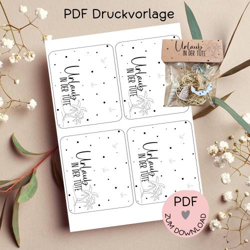 Tütenklappe "Urlaub in der Tüte", Digitale Datei, PDF-Druckvorlage, für kleine Geschenke etc.