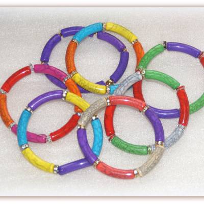 Tube Armband mit Strassrondellen bunt bzw. lila mit goldfarben, elastische Armbänder