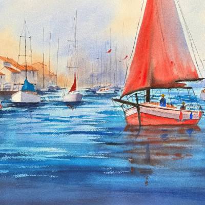 Original Aquarell "Rotes Segelboot" | 56,5 x 37,5 cm