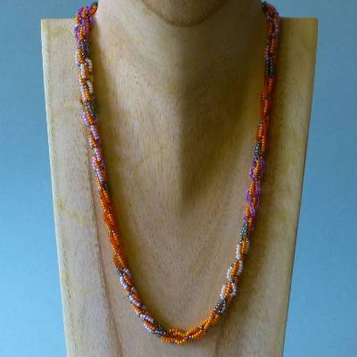 Halskette, Häkelkette in weiß grau lila orange, 48 cm, Perlenkette aus Glasperlen gehäkelt, Rocailles, Häkelschmuck
