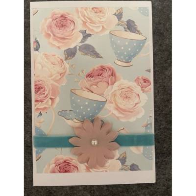 Wunderschöne Karte, Rosen, Tee Tasse, Handarbeit mit Umschlag