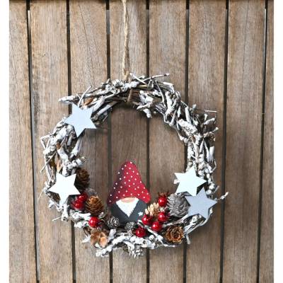 Handgefertigter Türkranz aus Weinreben mit Holz-Wichtel, Sternen & Tannenzapfen - Winterdeko Unikat