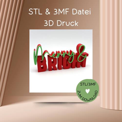 Schriftzug MERRY & BRIGHT, Digitale Datei, 3D-Druckdatei, STL u. 3MF-Format, Weihnachten