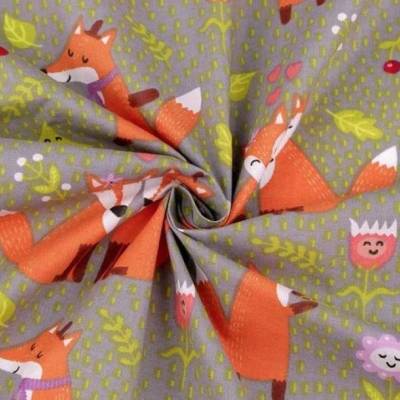 1,5 m Baumwollstoff, Fuchs im Wald, Grau, 160 cm breit