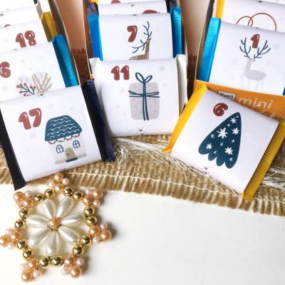 Adventskalender Bastelvorlage: 24 Banderolen für Mini Schokolade – Weihnachtsmotive PDF Druckvorlage, DI