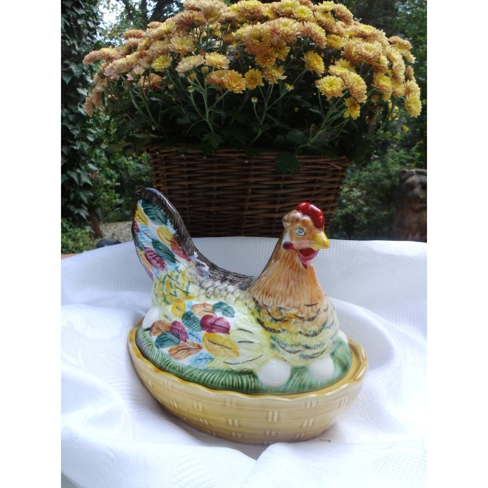 Vintage Schramberg Huhn Henne Deckelhuhn Deckeldose Keramik Dose Eier Nest Ostern Landhaus