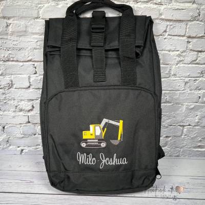 Kinder Rolltop Rucksack mit Bagger & Namen bestickt I personalisierte Kita-Tasche I Kindergartentasche für Jungen 