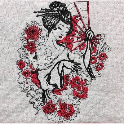 Geisha Stickdatei 24-26*15-16cm, JEF 20*17cm – Japanisches Stickmotiv für Stickmaschine
